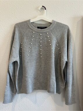 French Connection Gray Pearl-Embellished Crewneck Sweater